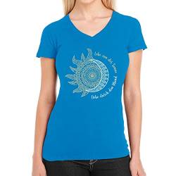 T Shirt Damen V Ausschnitt mit Sonnen Motiv - Frauen Tshirt mit Spruch Lebe bei Sonne Liebe bei Mond Vintage Oberteil Sommer Basic Outfit Frauen Shirt Medium California blau von Shirtgeil