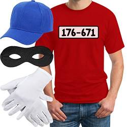 T-Shirt Herren Banditen Bande Verkleidung T Shirt Panzerknacker Kostüm Karneval Fasching Outfit JGA Kostüme Tshirt + MÜTZE + Maske + Handschuhe XL Rot von Shirtgeil