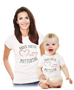 Unser erster Muttertag - Süßes Geschenk Partner Outfit für Mama und Baby Body Body Weiß 0-3 Monate/Shirt Weiß L von Shirtgeil