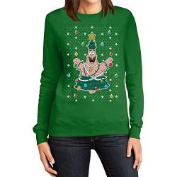 Weihnachtspullover Spongebob Patrick Weihnachtsbaum Geschenk Frauen Sweatshirt Medium Grün von Shirtgeil