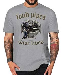 Biker Shirt Loud Pipes Save Lives Motor Chopper Bobber V2 Motorrad Motorcycle (3XL. grau) von Shirtmatic