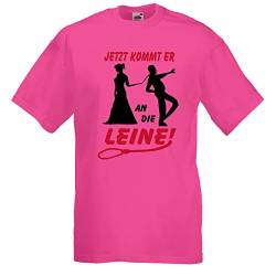 Herren T-Shirt für den Junggesellenabschied mit Motiv An die Leine (Männer) in pink, Größe M von Shirtoo