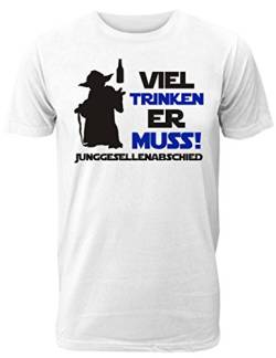 Herren T-Shirt für den Junggesellenabschied mit Motiv Viel Trinken Er muss! (Männer) in Weiss, Größe M von Shirtoo