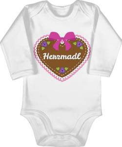 Baby Body langarm Mädchen Junge - Kompatibel Oktoberfest Outfit - Herzmadl mit Lebkuchenherz - 6/12 Monate - Weiß - tracht lebkuchenherze strampler trachten oktoberfest- lebkuchenherzen babybody von Shirtracer