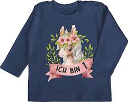 Baby Langarmshirt - 1. Geburtstag - Ich Bin eins mit süßem Pferd mit Blumen - 6/12 Monate - Navy Blau - t Shirt Kindergeburtstag 1 Jahr t-Shirt one Birthday Old Langarm erste ersten zum geburstags von Shirtracer