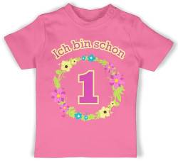 Baby T-Shirt Mädchen Jungen - 1. Geburtstag - Ich Bin Schon eins Blumenkranz - 12/18 Monate - Pink - 1 Jahr alt t Shirt geburtstagsshirt 1st Birthday Girl Outfit 1.Geburtstag 1geburtstag Tshirts von Shirtracer