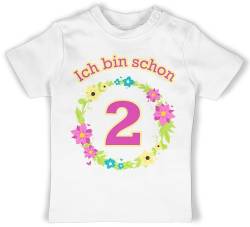 Baby T-Shirt Mädchen Jungen - 2. Geburtstag - Ich Bin Schon Zwei Blumenkranz - 18/24 Monate - Weiß - Jahre 2 Tshirt Geschenk Shirt jähriger Birthday Outfit Geburtstagsparty Junge von Shirtracer