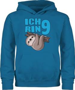 Kinder Hoodie Jungen Mädchen - 9. Geburtstag - Ich bin neun mit Faultier in blau - 152 (12/13 Jahre) - Himmelblau - kindergeburtstag 9 pulli jahre pullover jungs neunte bauchtasche alt huddy kids von Shirtracer