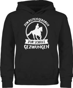 Shirtracer Kinder Hoodie Jungen Mädchen - Einschulung - Zum Reiten geboren zur Schule gezwungen - 128 (7/8 Jahre) - Schwarz - schulanfaenger Pullover REIT Pulli schuleintritt Pferde einschulungs von Shirtracer