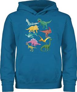 Kinder Hoodie Jungen Mädchen - Tiermotiv Animal Print - Dinos - 116 (5/6 Jahre) - Himmelblau - dino hudy tiermotive dinosaurier flauschiger pullover tiere hoddis tier kinderpullover tiermotiven von Shirtracer