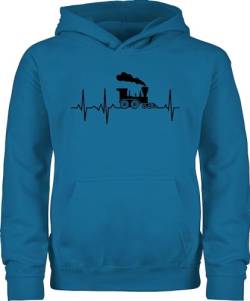 Kinder Hoodie Jungen Mädchen - Traktor Bagger und Co. - Dampflok Herzschlag I Dampflokomotive Geschenk Eisenbahner Eisenbahnliebhaber - 128 (7/8 Jahre) - Himmelblau - fahrzeuge eisenbahn pulli von Shirtracer