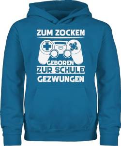 Kinder Hoodie Jungen Mädchen - Trend Kinderkleidung und Co - Zum zocken geboren Schule gezwungen - 128 (7/8 Jahre) - Himmelblau - hoddy pulli pullover hoody pullis für pullunder junge jungs von Shirtracer