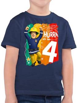 Kinder T-Shirt Jungen - Feuerwehrmann - Hurra ich Bin Vier - Sam - 104 (3/4 Jahre) - Dunkelblau Meliert - feuetwehr Mann Feuerwehr Geburtstag 4 Jahre Tshirt Kind Geschenk Junge feuwermansam Shirt t von Shirtracer