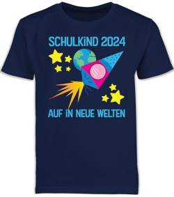 Kinder T-Shirt Jungen Schulanfang - Einschulung Junge - Schulkind 2024 I Auf in Neue Welten - 140 (9/11 Jahre) - Navy Blau - von der Kita zur Schule Tshirt schulkinder Geschenke einschulungs Tshirts von Shirtracer