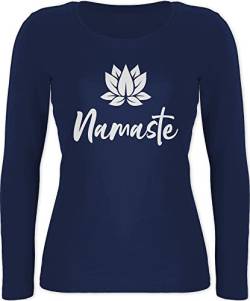 Langarmshirt Damen - Yoga und Wellness Geschenk - Namaste mit Lotusblüte weiß - M - Marineblau - Shirt Langarm Oberteil Longsleeve langärmlig Oberteile Outfits Kleidung zubehör von Shirtracer