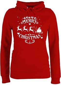 Pullover Damen Hoodie Frauen - Weihnachten Geschenke Bekleidung - Merry Christmas Weihnachtsmann und Rentiere weiß - L - Rot - Kapuzenpullover weihnachtshoodie weihnachtskleinigkeit pullies von Shirtracer