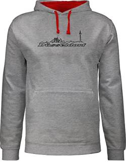 Pullover Herren Frauen Hoodie Kontrast zweifarbig - Düsseldorf Skyline - L - Grau meliert/Rot - damen pulli duesseldorf oberteile hoddies/pullies hoddy hoodies/pullis huddis hudis kaputzenpuloverer von Shirtracer