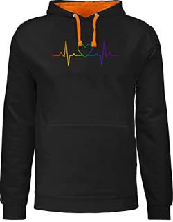 Pullover Herren Frauen Hoodie Kontrast zweifarbig - LGBTQ Kleidung Flag - Herzschlag Regenbogen Pride - M - Schwarz/Orange - Fun-Sweatshirts lqbtq Herz Damen Gay LGBTQ+Regenbogen Lesbian LGBT von Shirtracer