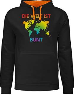 Pullover Herren Frauen Hoodie Kontrast zweifarbig - LGBTQ Kleidung Pride Flag - Die Welt ist bunt – Regenbogen Farben - XS - Schwarz/Orange - Fun-Sweatshirts CSD Gay lqbtq lgbtqia LGBT Lesbian von Shirtracer