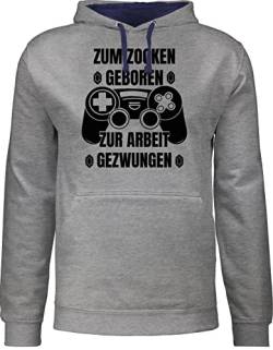 Pullover Herren Frauen Hoodie Kontrast zweifarbig - Nerd Geschenke - Zum Zocken geboren zur Arbeit gezwungen - L - Grau meliert/Navy Blau - zocker zock hoody gamer gaming pulli geek spruch hoodies von Shirtracer