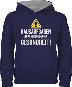 Pullover Kinder Hoodie Jungen Mädchen - Einschulung - Hausaufgaben gefährden meine Gesundheit Warnschild weiß - 140 (9/11 Jahre) - Navy Blau/Grau meliert - schulbeginn 1.klasse erste klasse von Shirtracer