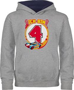 Pullover Kinder Hoodie Jungen Mädchen - Ich bin 4 - Rennauto - 104 (3/4 Jahre) - Grau meliert/Navy Blau - bekleidung ab jahre hat wheels 4. geburtstag pulli alt kinderkleidung auto pullis autos von Shirtracer