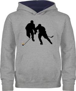 Pullover Kinder Hoodie Jungen Mädchen - Sport Kleidung - Eishockeyspieler - 128 (7/8 Jahre) - Grau meliert/Navy Blau - eishockeyspiel kinderpullover polower pulli hoodies hoody hudis für kids von Shirtracer