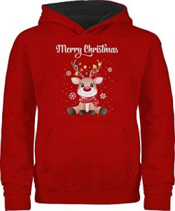 Pullover Kinder Hoodie Jungen Mädchen - Weihnachten Geschenke - Merry Christmas - süßes Rentier mit Lichterkette - 140 (9/11 Jahre) - Rot/Schwarz - Weinachten Geschenk weihnchts Frohe zu von Shirtracer