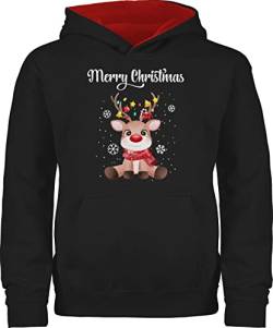 Pullover Kinder Hoodie Jungen Mädchen - Weihnachten Geschenke - Merry Christmas - süßes Rentier mit Lichterkette - 152 (12/13 Jahre) - Schwarz/Rot - Chrismas Hoodi Junge weihnachtshoodie von Shirtracer