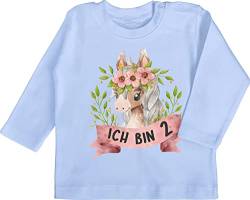 Baby Langarmshirt - 2. Geburtstag - Ich Bin Zwei mit süßem Pferd mit Blumen - 18/24 Monate - Babyblau - Shirt Langarm 2 mädchen Outfit Geburtstags Tshirt Jahre zweiter babyshirts geburtstagsshirt von Shirtracer