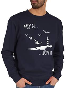 Sweater Pullover Sweatshirt Herren Damen - Sprüche Statement - Moin...Löppt! - weiß - XS - Dunkelblau - norddeutsche norddeutsch statements moinzen pullis mit aufschrift moin pulli spruch moinsen von Shirtracer