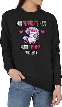 Sweater Pullover Sweatshirt Herren Damen - Sprüche Statement mit Spruch - Nur Verrückte Hier - Einhorn wir gehen - L - Schwarz - spruche frechen sprüchen Geschenk zur Einschulung von Shirtracer