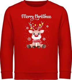 Sweatshirt Kinder Pullover für Jungen Mädchen - Weihnachten Geschenke - Merry Christmas - süßes Rentier mit Lichterkette - 128 (7/8 Jahre) - Rot - weihnachspullis lustig weihnachtlich Sweater von Shirtracer