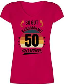 T-Shirt Damen V Ausschnitt - 50. Geburtstag - So gut kann Man mit 50 Aussehen - Retro Sonne - schwarz - M - Fuchsia - geburtstagsshirt für Frauen fuffzich Tshirt t Shirt 50ziger Shirts lustig 50ten von Shirtracer