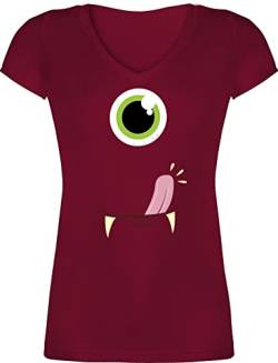 T-Shirt Damen V Ausschnitt - Karneval & Fasching - Monster Gesicht Kostüm - L - Bordeauxrot - Damen-Karneval Shirt für Frauen t lustige Faschings Tshirt Outfit karnewal Oberteile Oberteil von Shirtracer