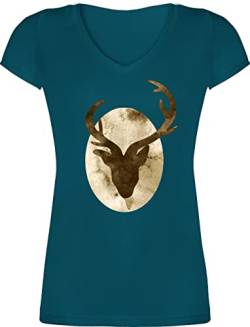 T-Shirt Damen V Ausschnitt - Kompatibel mit Oktoberfest - Hirsch I Jäger Jägerin Jagd Geschenk - XL - Türkis - Trachten Tshirt Shirt Trachten-t-Shirt t bayrisch tailliert Kurzarm Tracht Outfit von Shirtracer