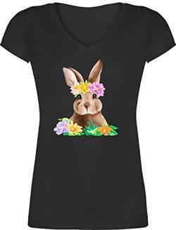 T-Shirt Damen V Ausschnitt - Oster Outfit - Hase mit Blumen - XXL - Schwarz - kleinigkeit zu Ostern Erwachsene Shirt ostermotiv Tshirt Easter t osterkleinigkeiten osterhasen Geschenk ostergeschenke von Shirtracer