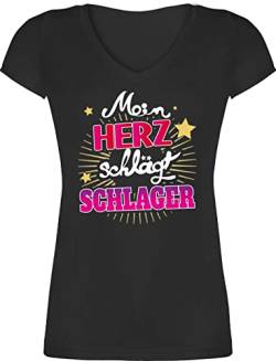 T-Shirt Damen V Ausschnitt - Party Outfit - Mein Herz schlägt Schlager - S - Schwarz - schlagerparty shirt schlagernacht für schlagerfans frauen tshirt t schlager+outfit+damen tshirt. weiß von Shirtracer