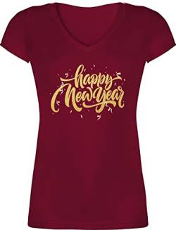 T-Shirt Damen V Ausschnitt - Silvester Erwachsene - Happy New Year - S - Bordeauxrot - Outfit Sylvester 2024 Tshirt Shirt,Damen Party Oberteil tailliert Oberteile silvesteroutfits t-Shirts Enge t von Shirtracer