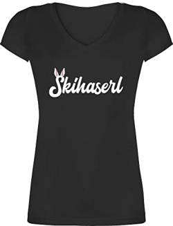 T-Shirt Damen V Ausschnitt - Skiurlaub Apres Ski - Skihaserl SkiGirl - S - Schwarz - Skifahrer v-Ausschnitt skishirts skioutfit t Shirt Frauen après damenshirts lässig Kurzarm Apres+ski t-schirt von Shirtracer