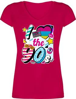 T-Shirt Damen V Ausschnitt - Sprüche Statement - I Love The 90s - S - Fuchsia - Party Outfit 90er Jahre 90 Frauen Tshirt Shirt er Shirts 90's Mottoparty t Sommer 90ger mit 90iger Tshirts Oberteile von Shirtracer