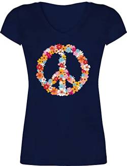 T-Shirt Damen V Ausschnitt - Sprüche Statement - Peace Flower Power - Hippie Peace Zeichen Friedenszeichen 90er 70er - XS - Dunkelblau - t Shirt Hippie+Shirt+Damen 60iger Jahre Tshirt Frauen 90 er von Shirtracer