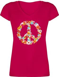 T-Shirt Damen V Ausschnitt - Sprüche Statement - Peace Flower Power - Hippie Peace Zeichen Friedenszeichen 90er 70er - XS - Fuchsia - Tshirt 70iger Jahre Frauen Shirt Retro Flower-Power t-Shirt, t von Shirtracer