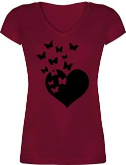 T-Shirt Damen V Ausschnitt - Valentinstag Partner Liebe - Herz mit Schmetterlingen - schwarz - XL - Bordeauxrot valtentinstagsgeschenk für sie Valentin jahrestagsgeschenk von Shirtracer