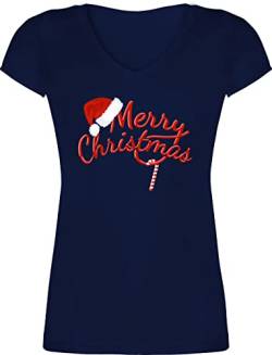 T-Shirt Damen V Ausschnitt - Weihnachten Geschenke Bekleidung - Merry Christmas Zuckerstange - XS - Dunkelblau - Tshirts Weihnachtsfeier Outfit weihnachtstshirtdamen Weinachten Coole-Fun-t-Shirts von Shirtracer