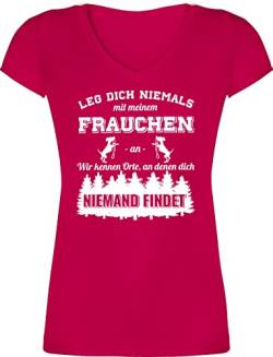 T-Shirt Damen V Ausschnitt - für - Leg Dich Niemals mit Meinem Frauchen an Hundebesizterin Hundebesitzer Geschenk Hundespruch Lustige Hunde - XXL - Fuchsia - sprüche tailliert Hund Frauen von Shirtracer