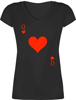 T-Shirt Damen V Ausschnitt - & Fasching - Queen Kartenspiel Karneval - Spielkarte Dame Rot Herz Königin - XL - Schwarz - Faschings t Shirt Carnival der Herzen Shirts Frauen Tshirt von Shirtracer