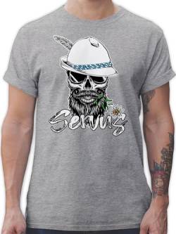 T-Shirt Herren - Kompatibel mit Oktoberfest - Servus Totenkopf Skull Bayrisch - L - Grau meliert - Cooles Bayerisches Shirt Trachten Tshirt Tracht Kurzarm bayrische sprüche Spruch bayrischer von Shirtracer