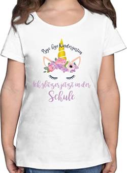 T-Shirt Mädchen - Einschulung - Bye Bye Kindergarten ich Glitzer jetzt in der Schule Blumen - 128 (7/8 Jahre) - Weiß - Shirt Einhorn Tshirt Schulkind Schulanfang Abschied Tshirts von Shirtracer