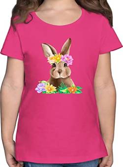 T-Shirt Mädchen - Ostergeschenke Ostern - Hase mit Blumen - 140 (9/11 Jahre) - Fuchsia - Ostereier Tshirt Kinder osterüberraschung Shirt Happy Easter osterüberraschungen osterngeschenke Hasen von Shirtracer